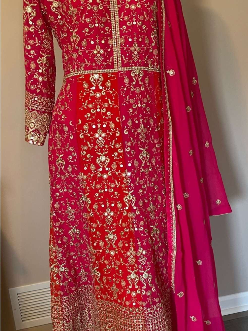 Embroidered Red and Fuchsia Formal Anarkali Gown with Gold Accents